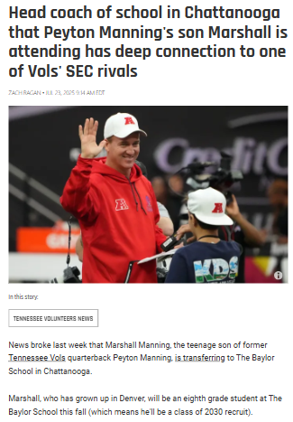 Peyton Manning’s son joins Chattanooga’s Baylor