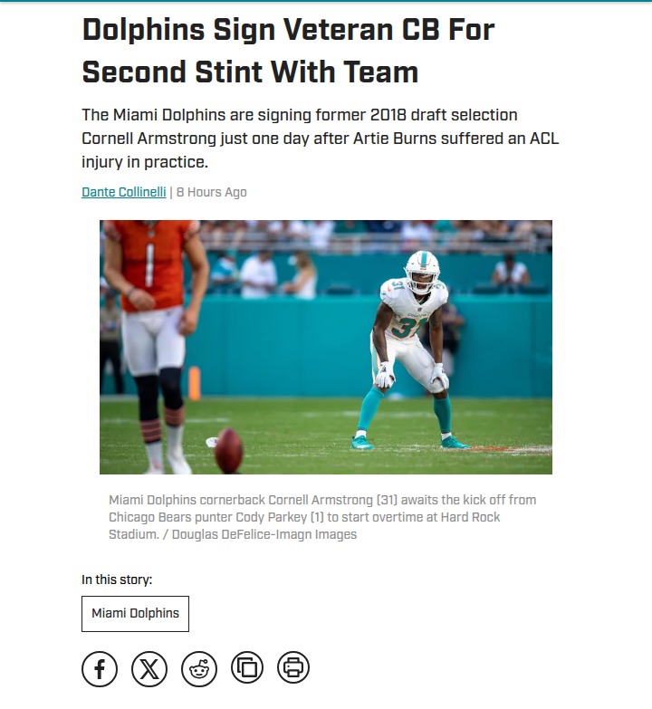 Dolphins bring back a familiar face at CB