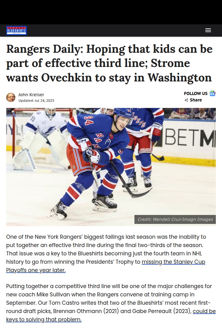 Can the Kids Fix the Blueshirts’ Third Line?