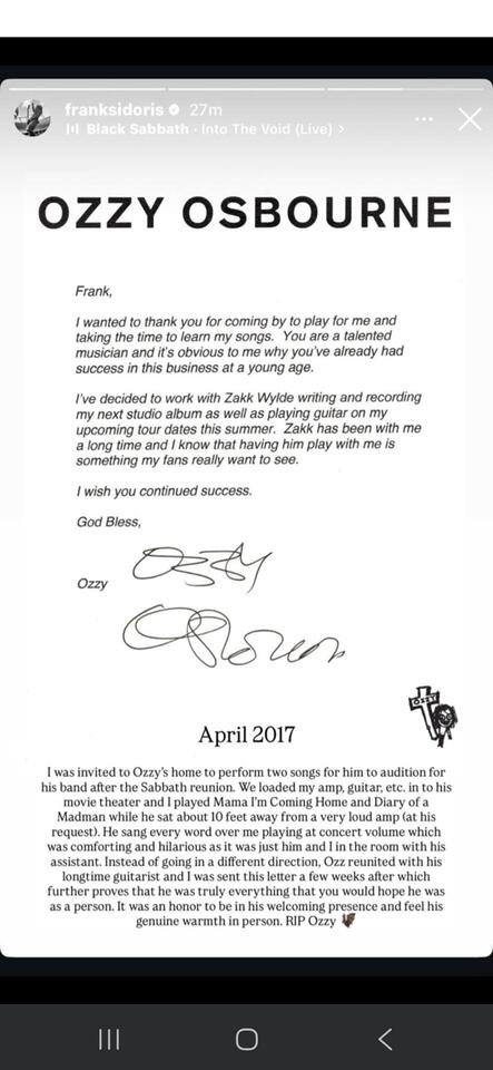 Ozzy’s Letter to Slash’s Guitarist 🤘