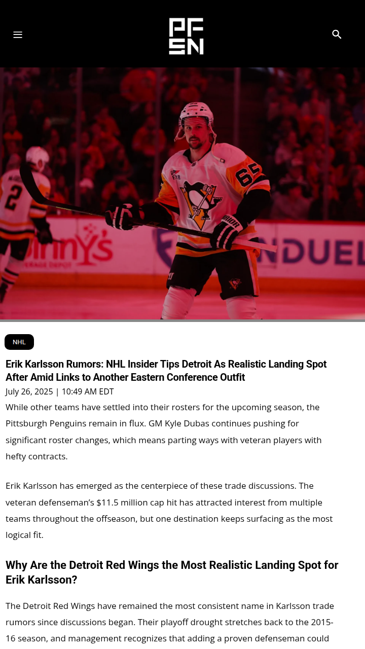 Is Karlsson Motor City Bound Next Season?