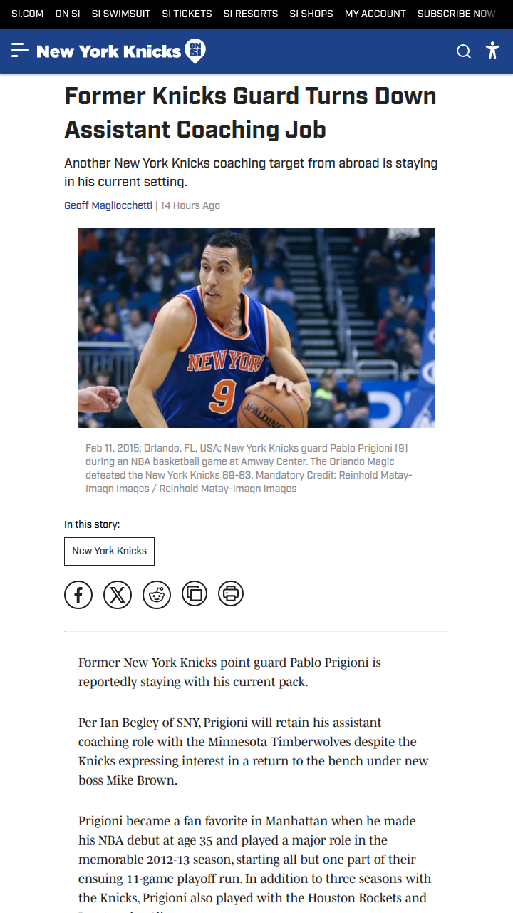 Prigioni says no to Knicks, stays with Wolves