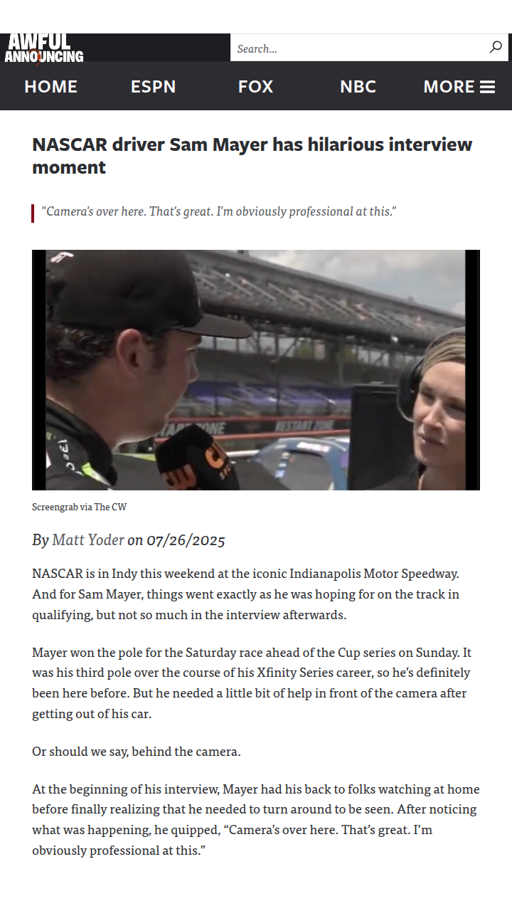 Sam Mayer’s Pole Win & On-Cam Goof