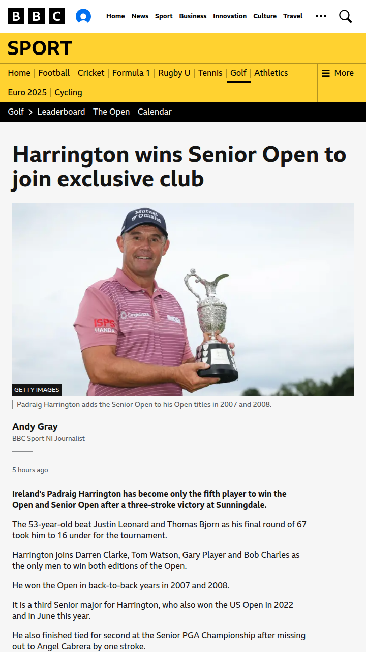 Harrington Joins Legends With Senior Open Win