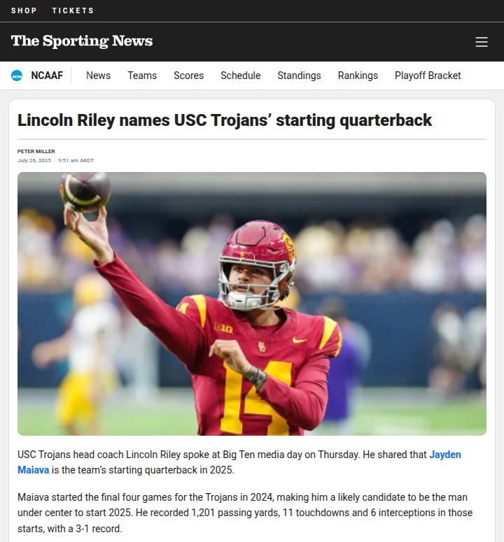USC names Jayden Maiava as starting QB