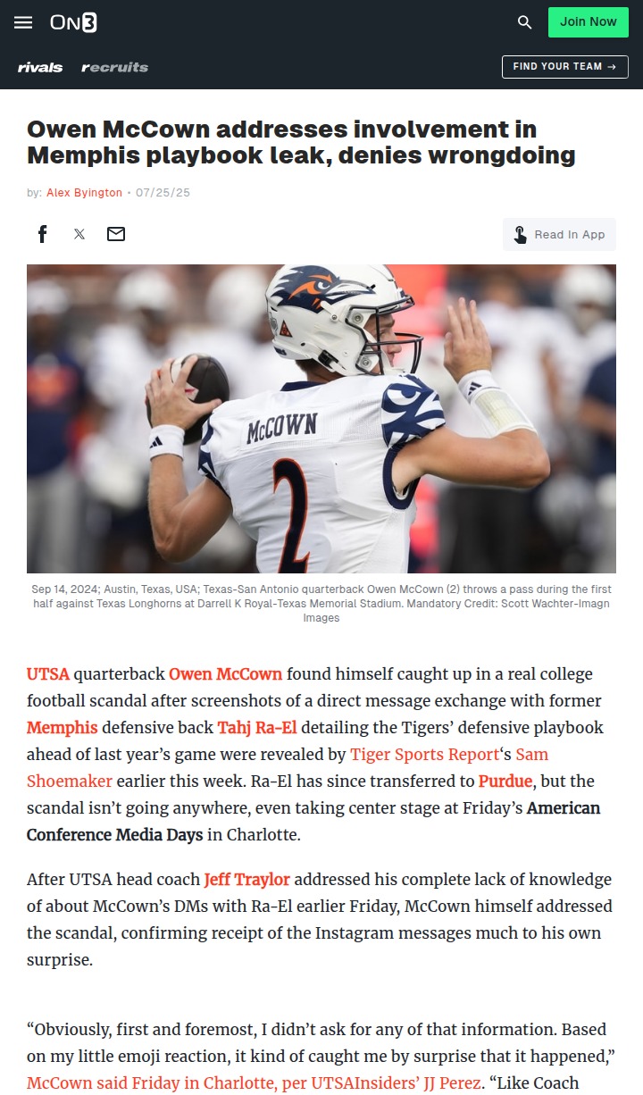 McCown Speaks Out on Playbook Leak Drama