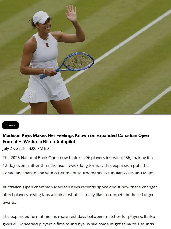 Madison Keys on Canadian Open’s New Grind