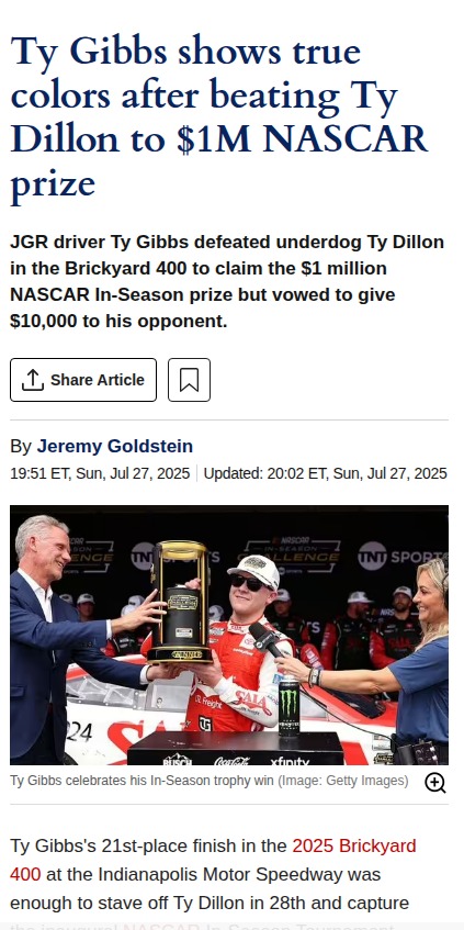 Ty Gibbs Edges Dillon for $1M—Classy Move?