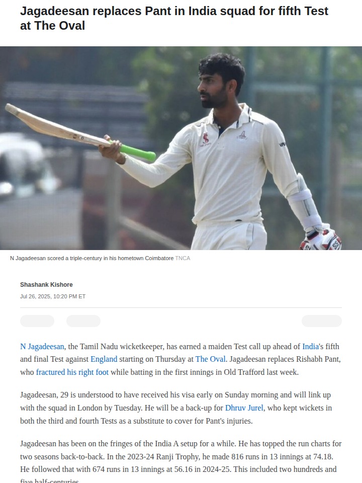 Jagadeesan Steps Up for Pant at The Oval