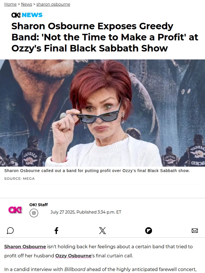 Sharon Calls Out 'Greedy' Band at Ozzy's Farewell 🎤