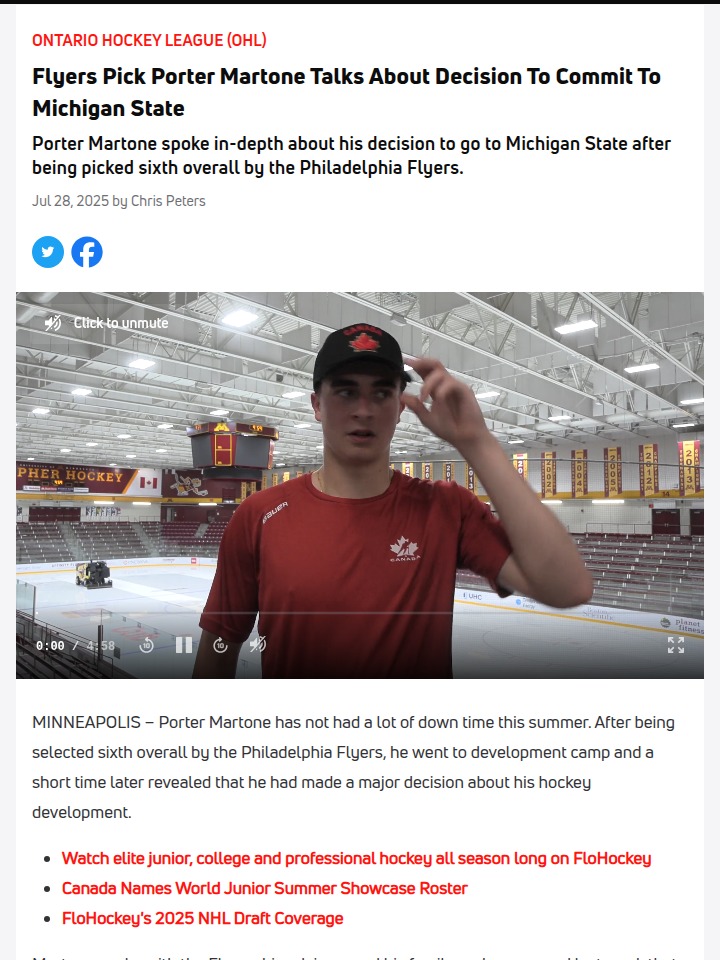 Martone Chooses Spartans Over NHL Debut