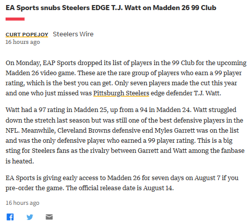 Did Madden 26 Get T.J. Watt’s Rating Wrong?
