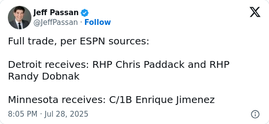 Twins Start Fire Sale, Send Paddack to Tigers