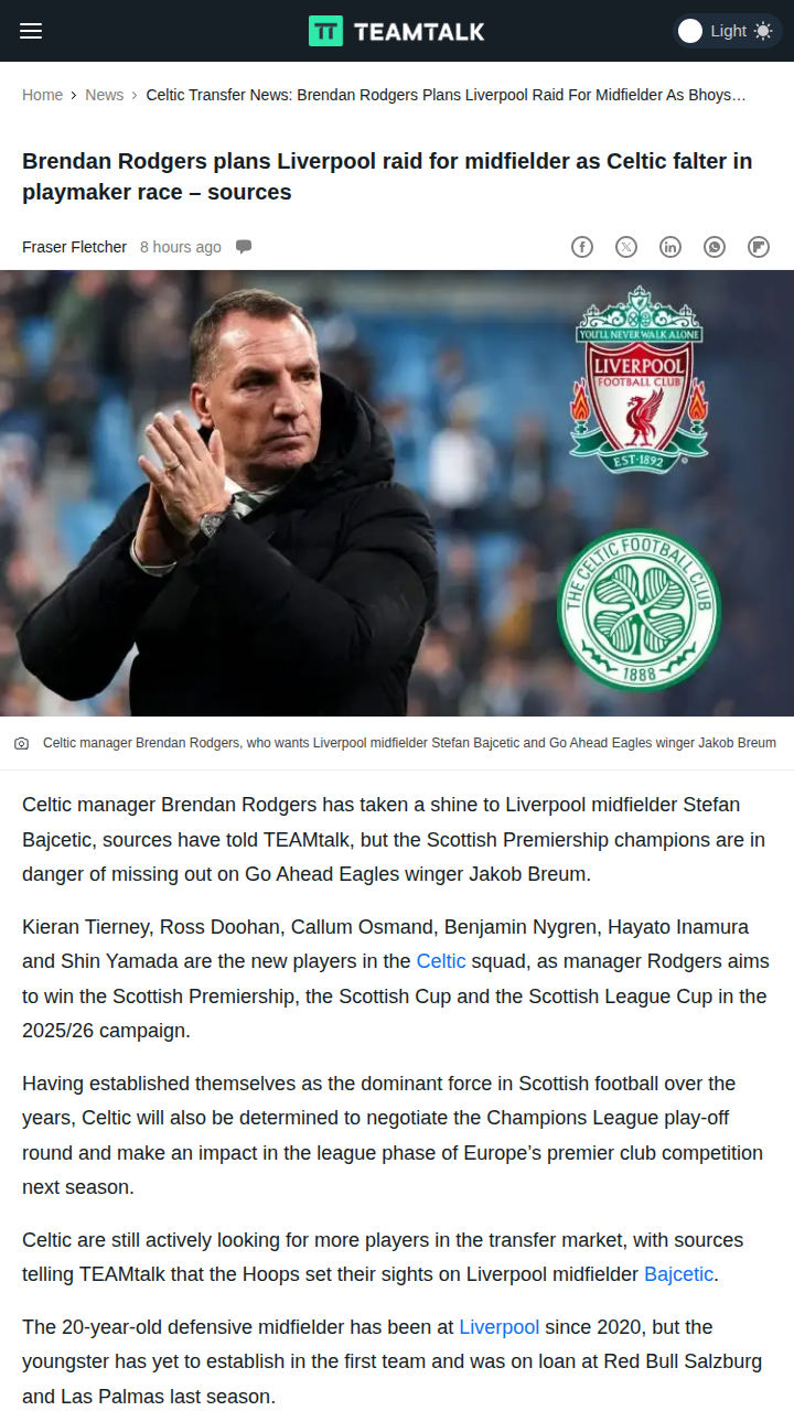 Rodgers Eyes Bajcetic as Breum Deal Stalls