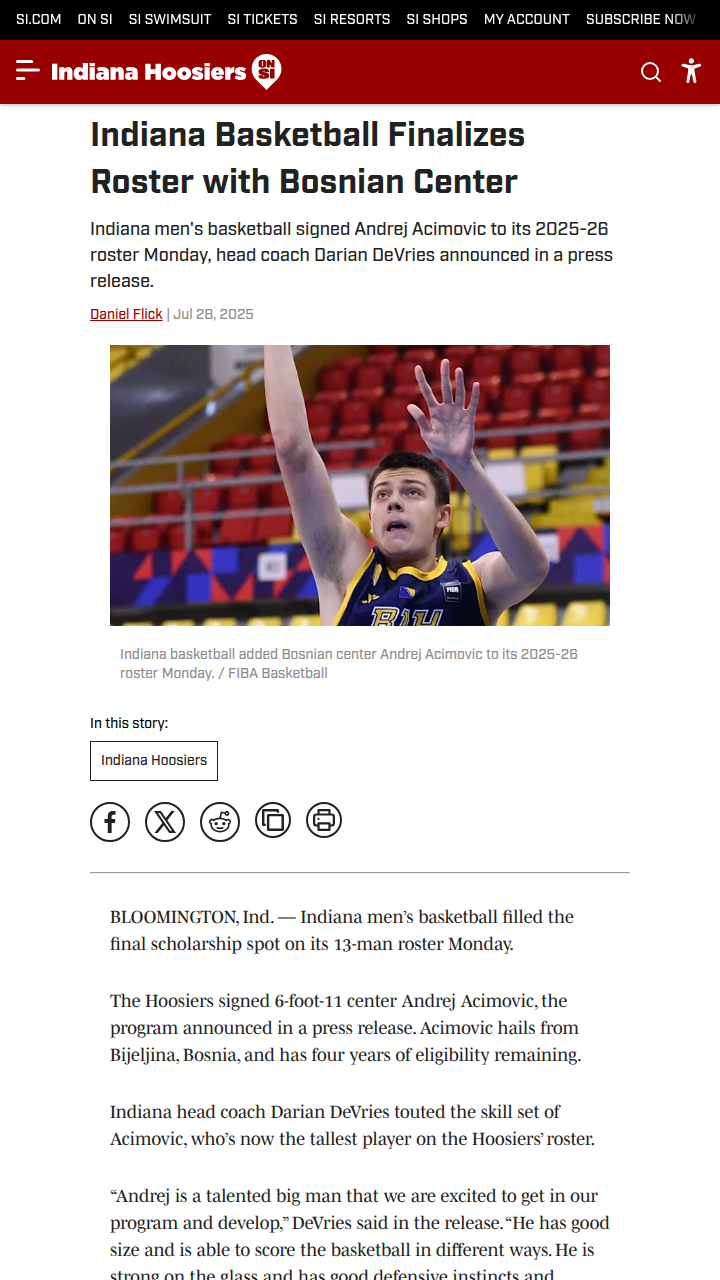 Indiana hoops lands 6'11" Bosnian big man