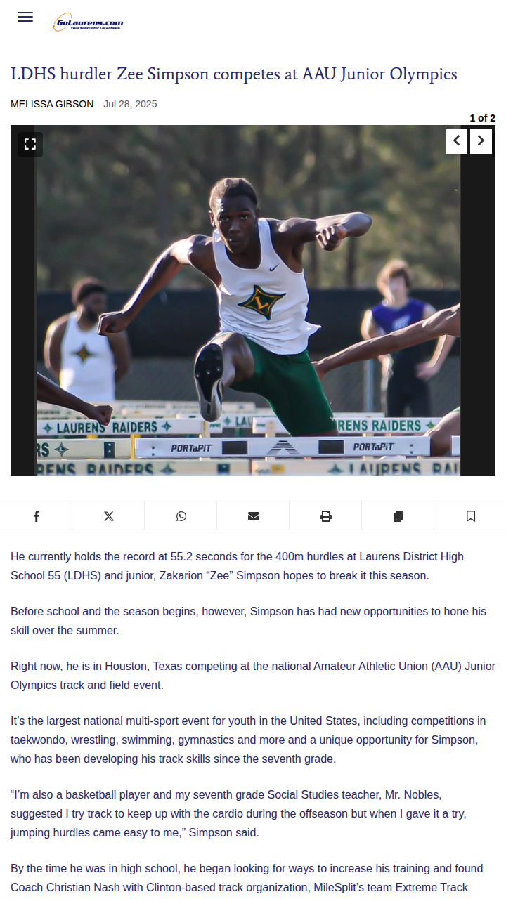 Laurens’ Zee Simpson races at AAU Junior Olympics