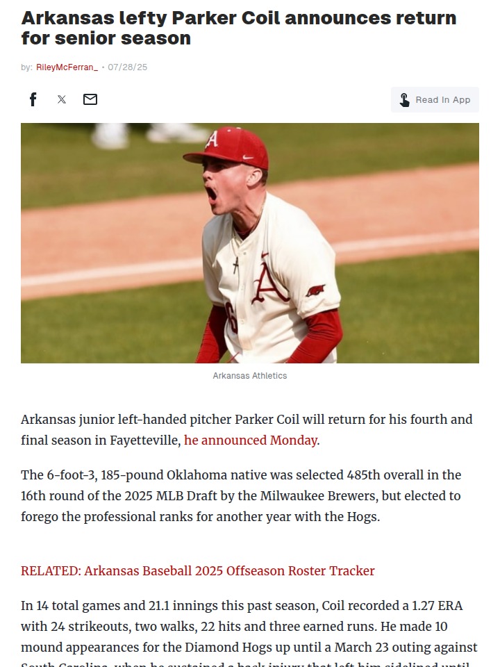 Parker Coil’s return shakes up Razorbacks pitching