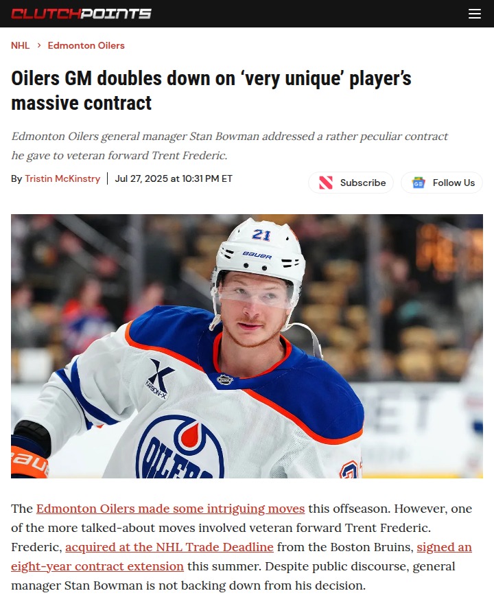 Oilers GM Stands Firm on Frederic’s Big Deal