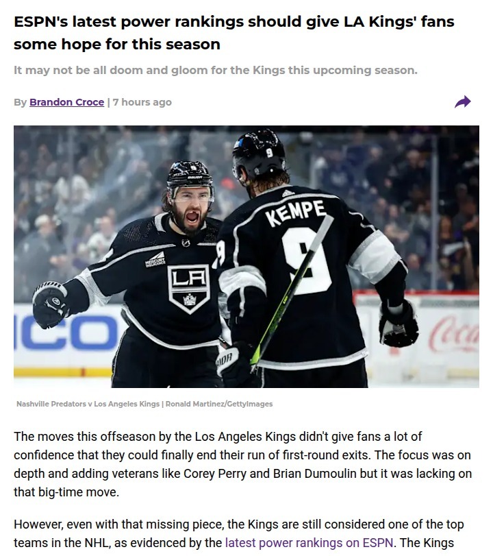 LA Kings hold strong in new NHL rankings
