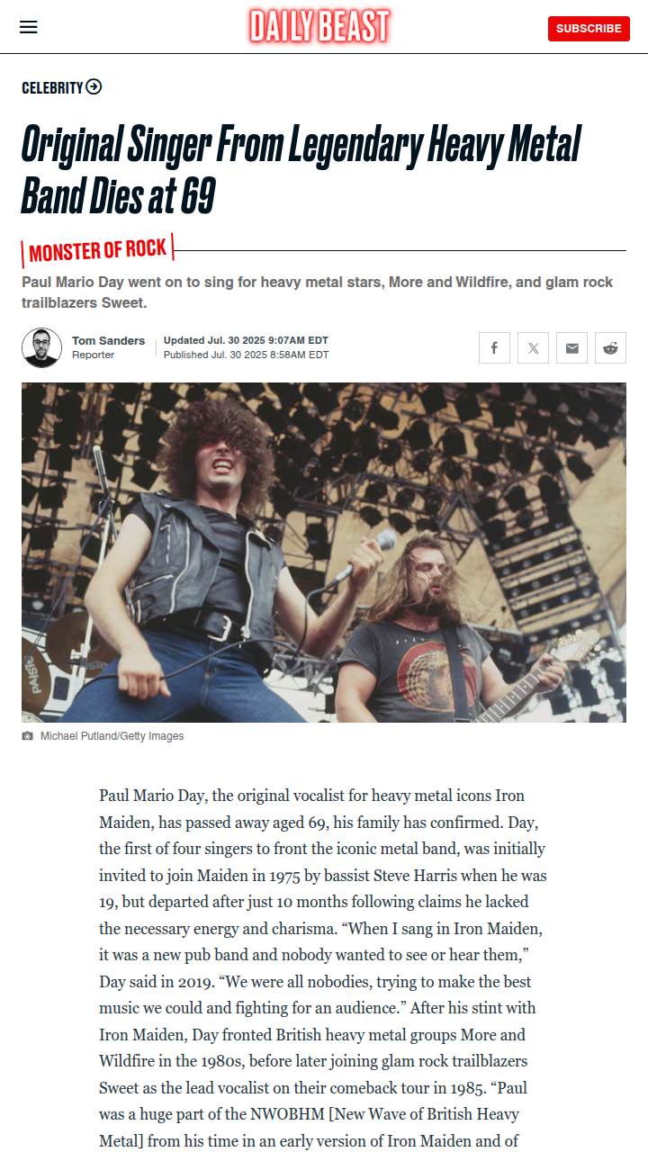 Iron Maiden OG Singer Paul Day Dies 😢