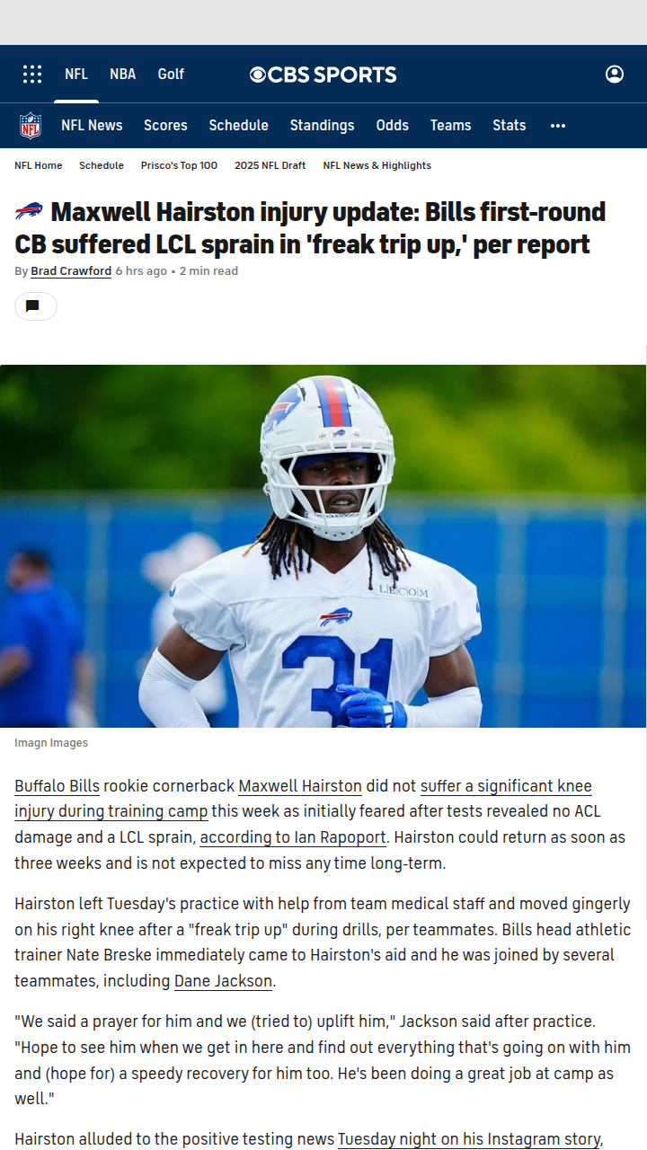 Bills rookie Maxwell Hairston avoids major injury