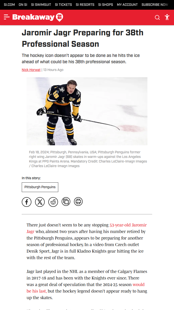 Jagr Eyes 38th Pro Season at 53!