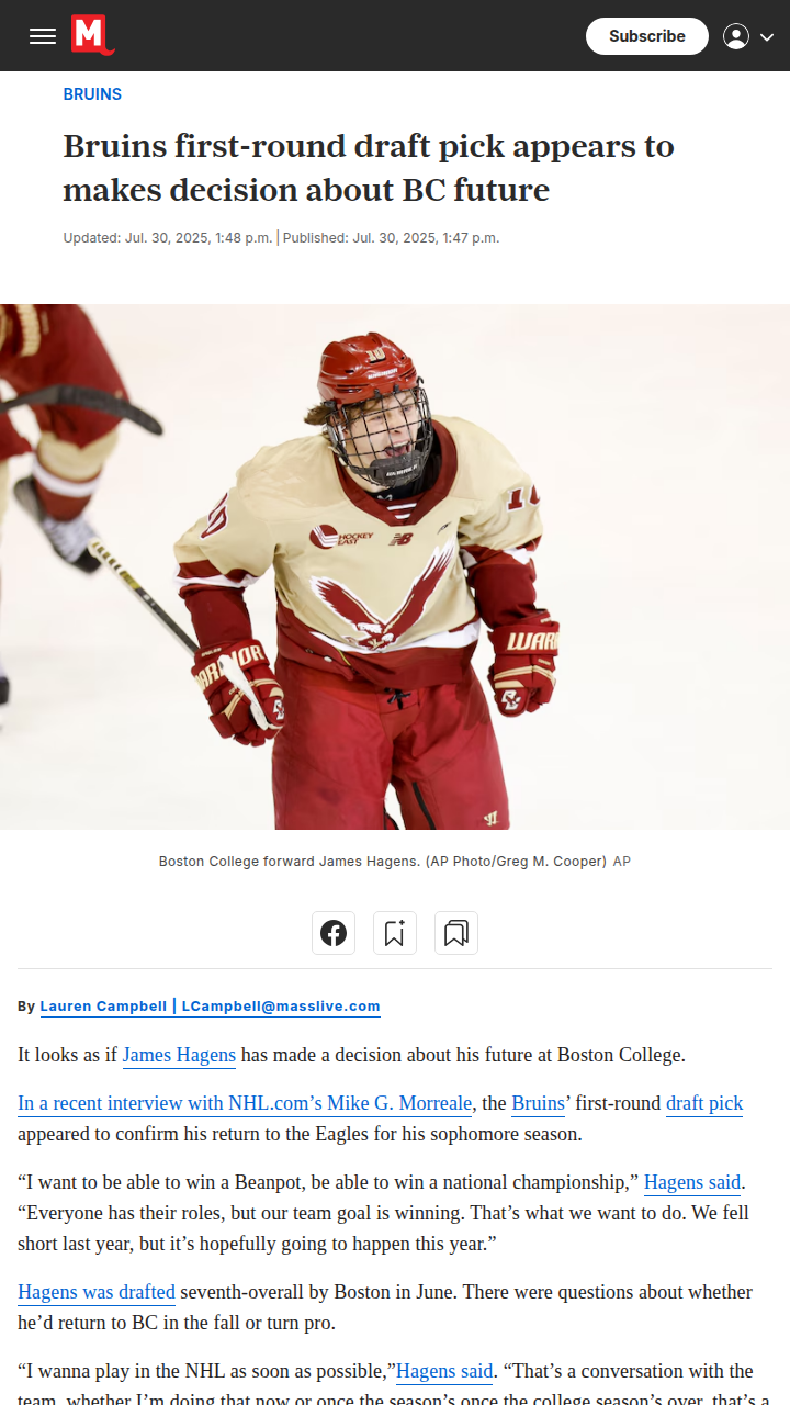 Bruins top pick Hagens staying at BC