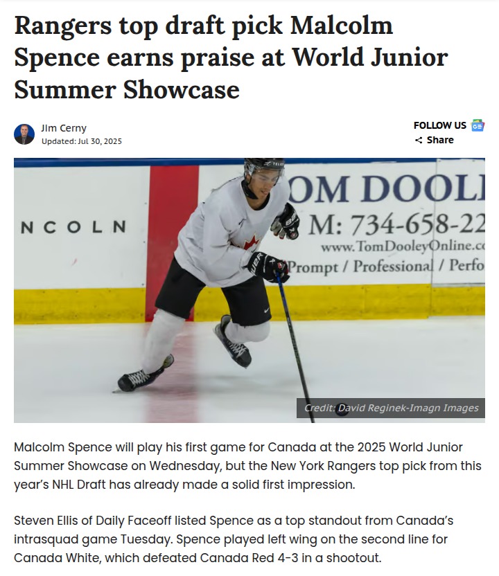 Rangers’ Spence Shines at WJC Showcase