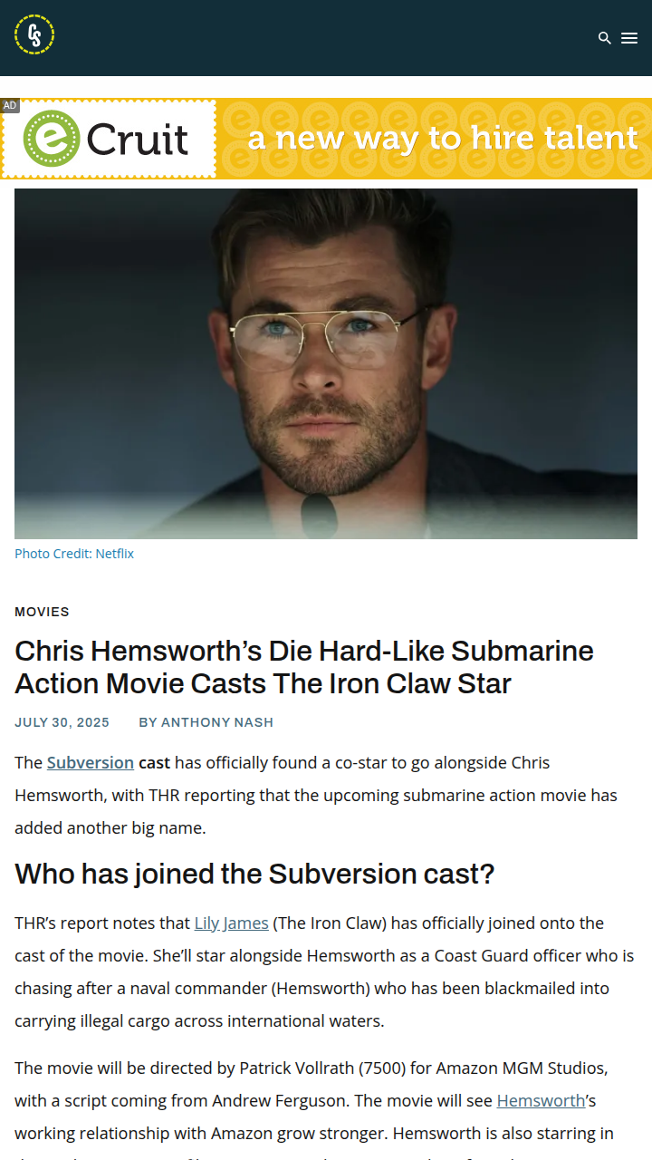 Lily James Joins Hemsworth’s Submarine Flick 🚢