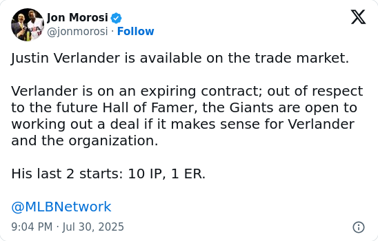 Verlander on the Block After Giants-Mets Deal?
