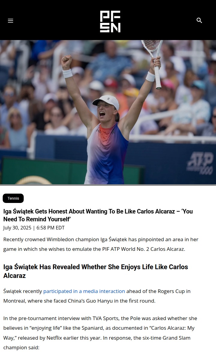 Świątek Admits Alcaraz Inspires Her Joy