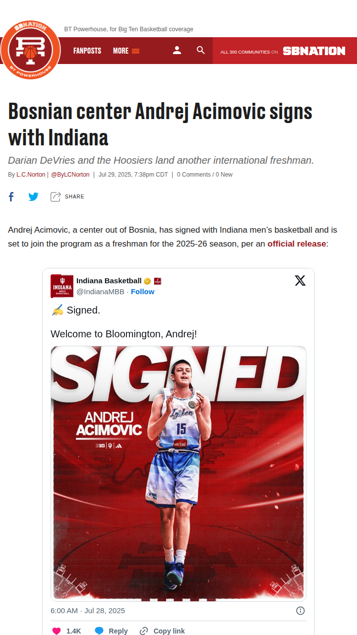 Indiana hoops lands Bosnian big man