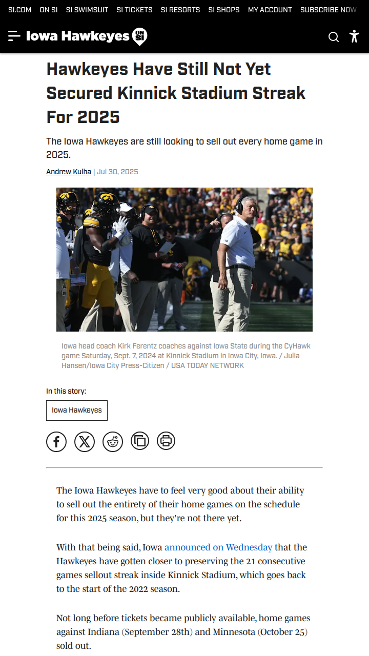 Kinnick Stadium’s sellout streak faces a test
