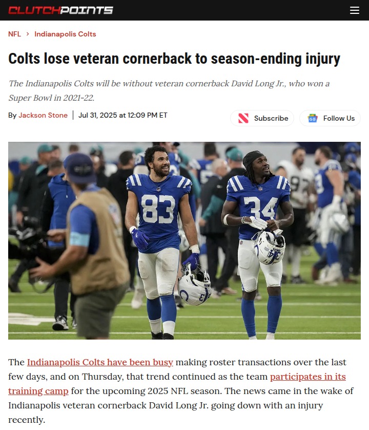 Colts’ defense takes a hit as Long Jr. sidelined