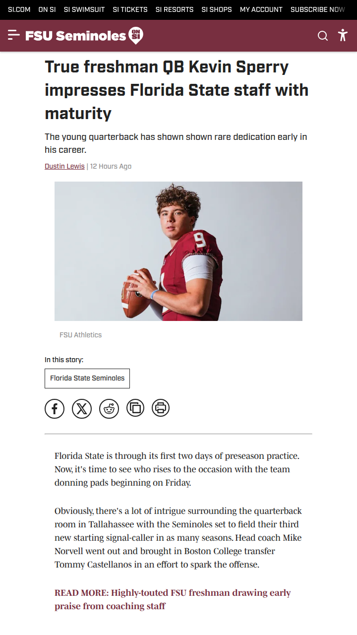 Freshman QB Kevin Sperry turning heads at FSU