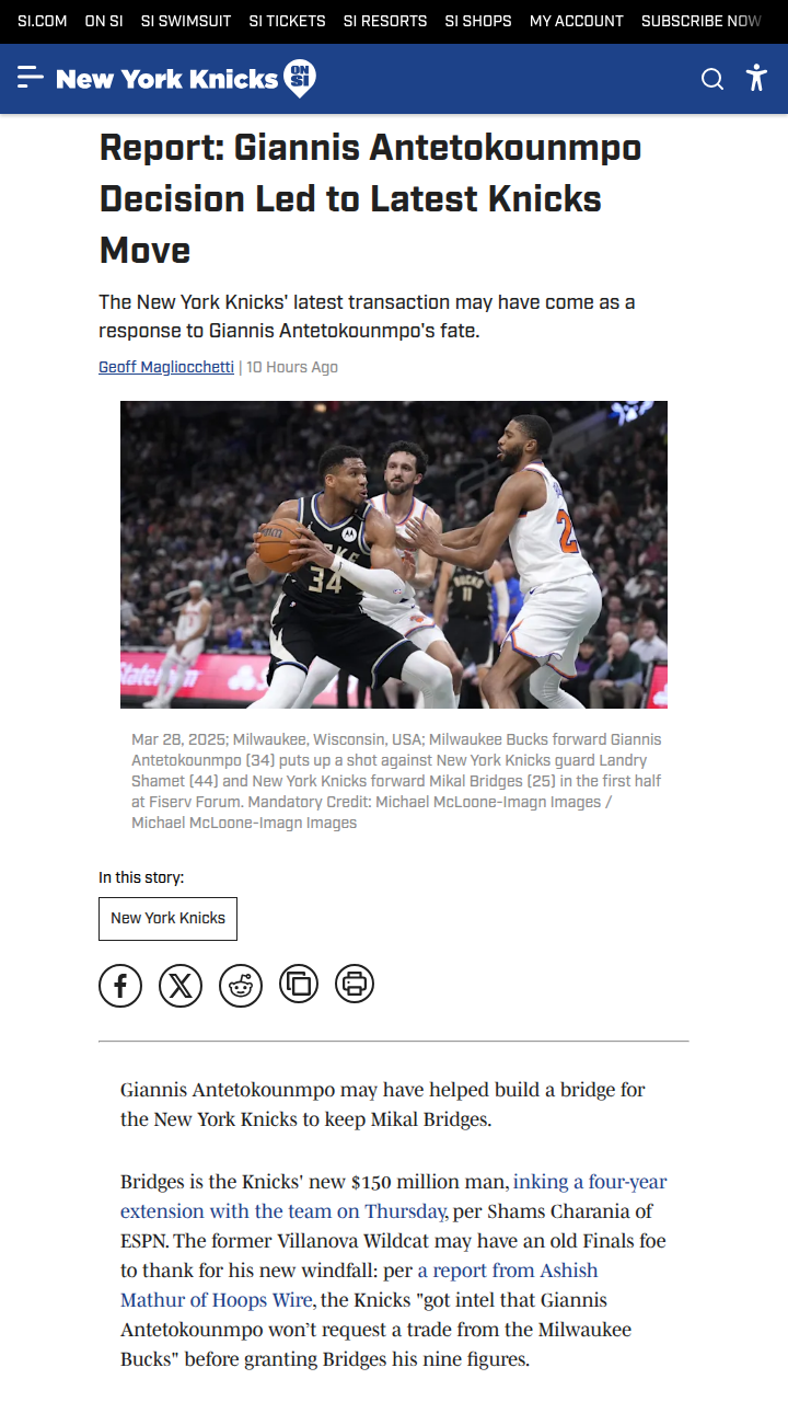 Knicks lock in Mikal Bridges after Giannis stays put