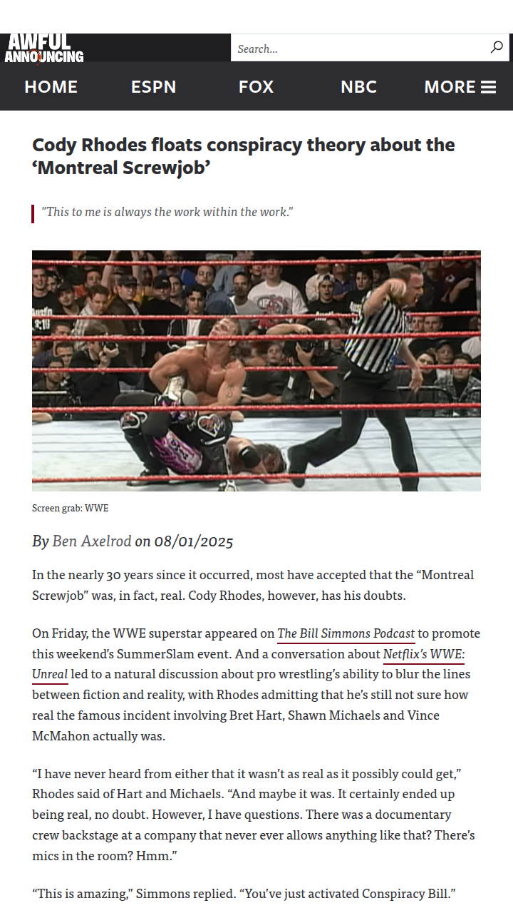 Cody Rhodes Stirs Montreal Screwjob Debate