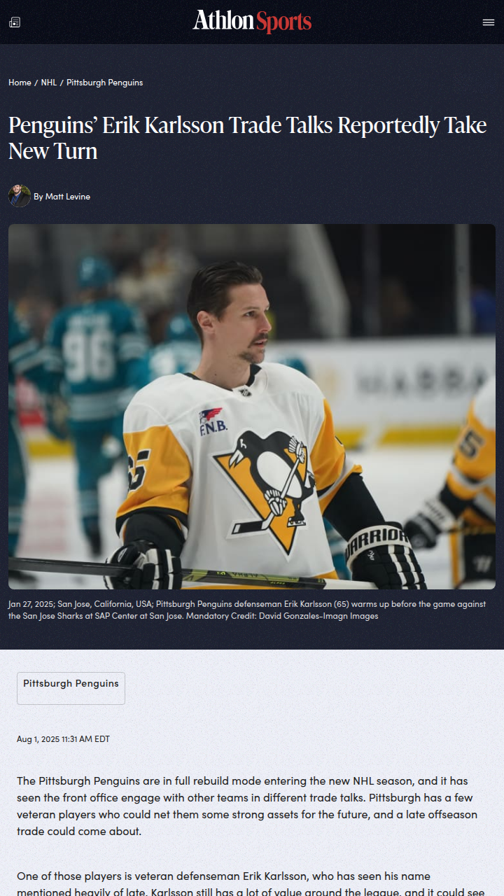 Karlsson Trade Rumors Heat Up in Pittsburgh