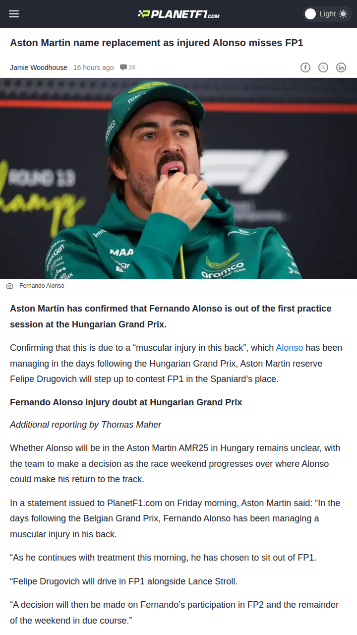 Alonso Sits Out FP1: Drugovich Steps In