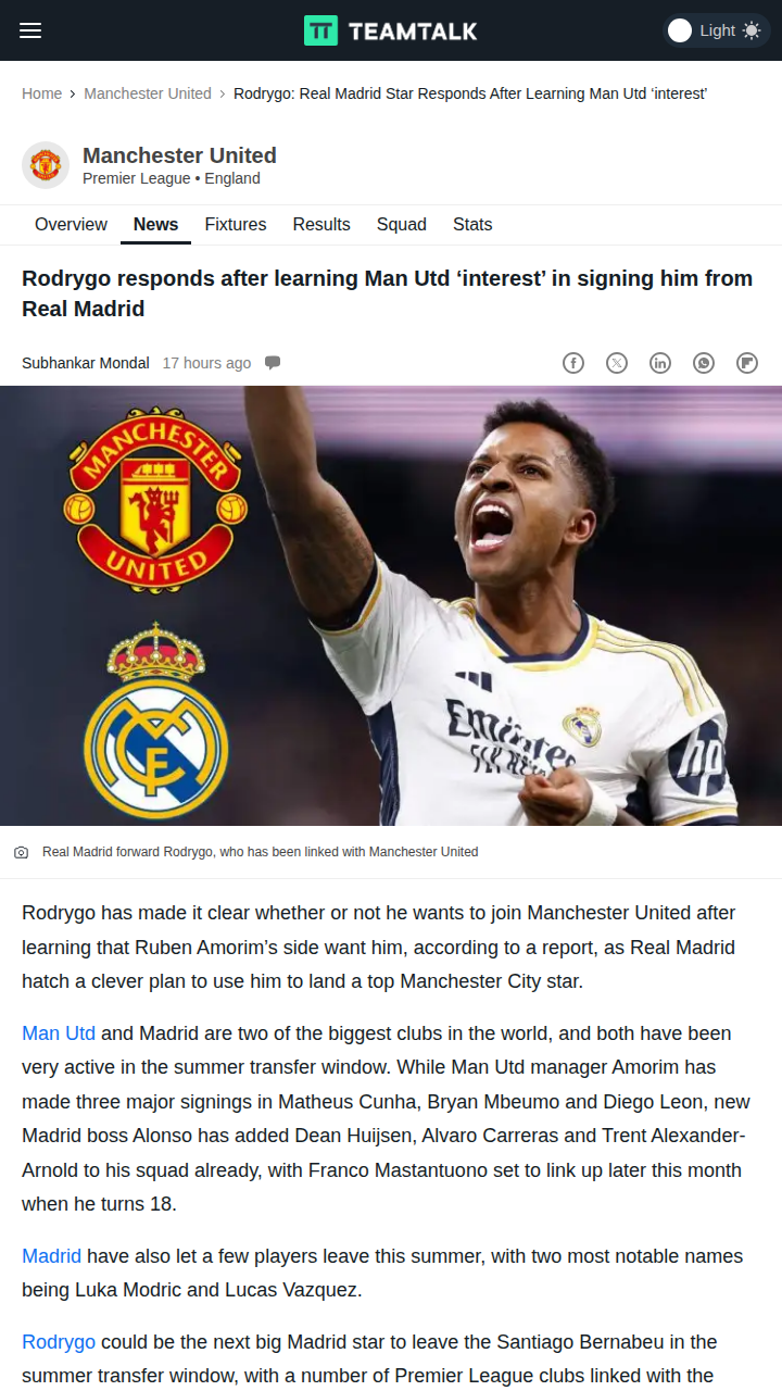 Rodrygo Snubs Red Devils, Eyes Premier League Move