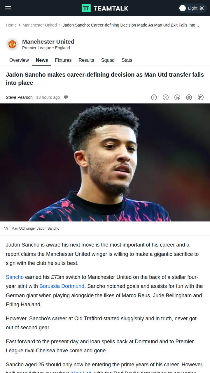 Sancho Eyes Dortmund Return, Red Devils Move On