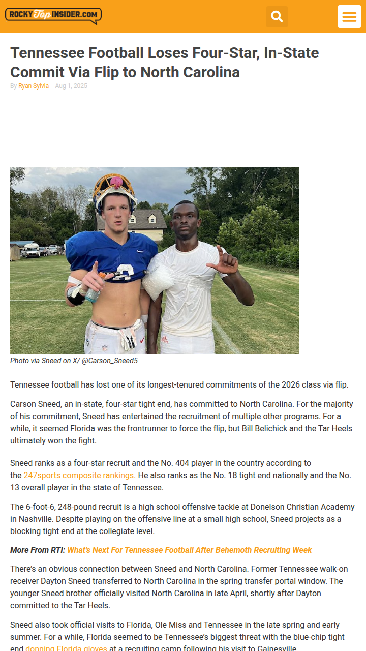 Tennessee loses top recruit to North Carolina