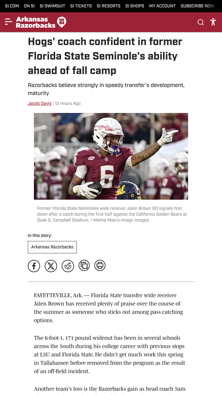 Arkansas Razorbacks banking on Jalen Brown’s speed
