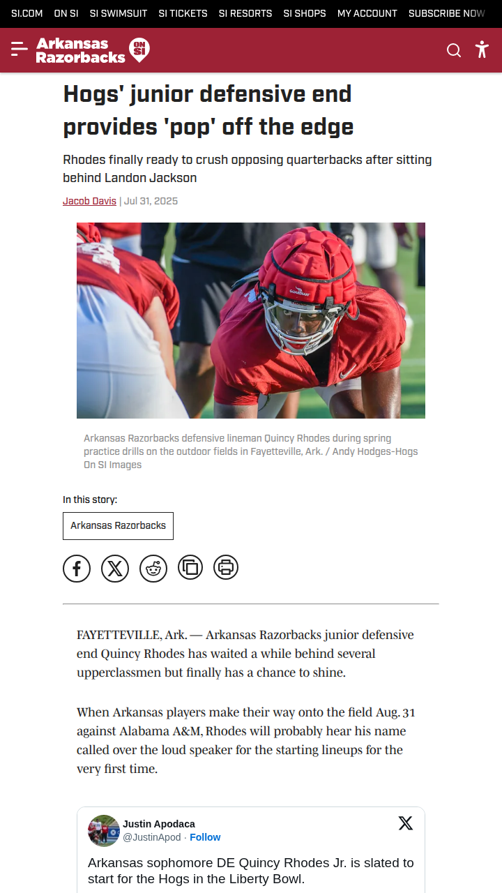 Quincy Rhodes ready to shake up Hogs’ defense