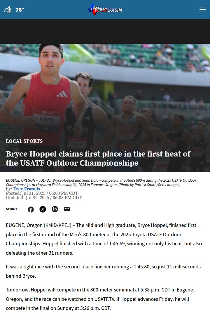 Bryce Hoppel Edges Out 800m Heat at USATF