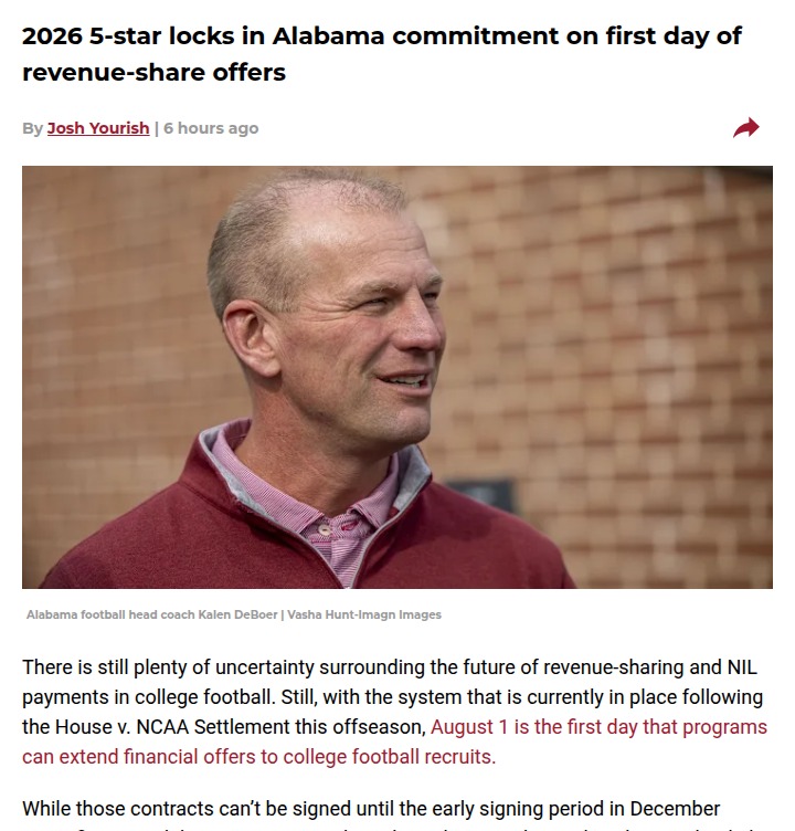 Alabama lands 5-star recruit as revenue-sharing era begins
