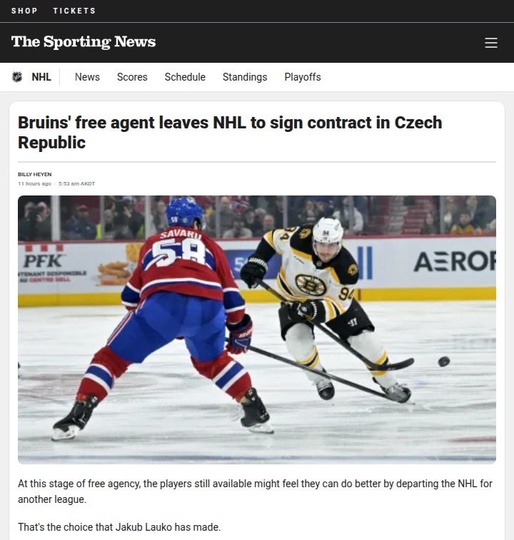 Bruins' Lauko Heads Home to Czech League