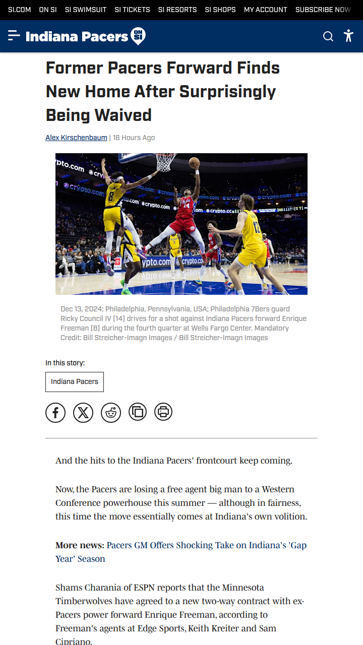 Pacers’ Enrique Freeman heads to Minnesota