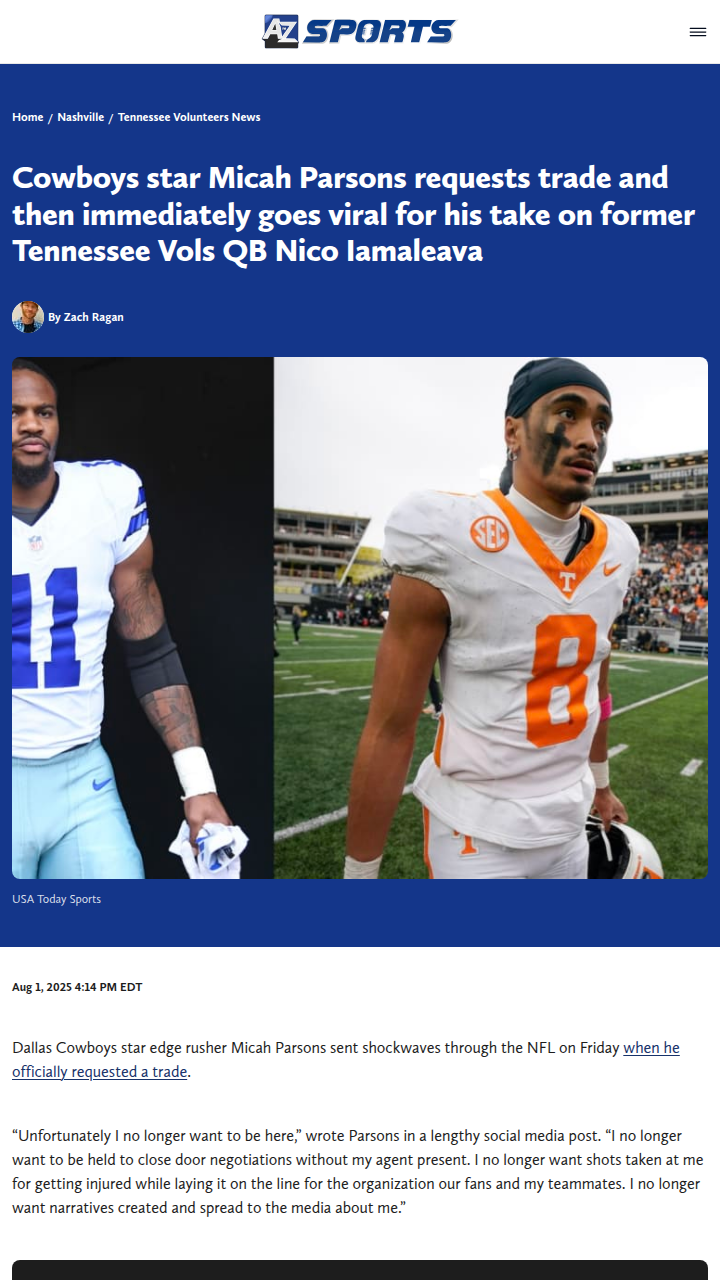 Micah Parsons Drops Trade Bomb on Cowboys