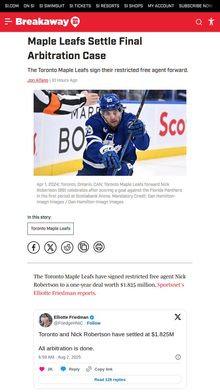 Leafs, Robertson Avoid Arbitration Drama